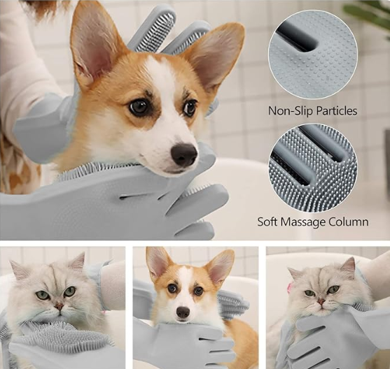 Pack of 2 Dog cats Pet Grrooming Silicon shampoo Dispenser Brush with 1 Pair Bathing Gloves Soft Bristle For Soothing scrubber Massage Shower bathing Accessories Use clean Loose Hair Fur For Dogs Pets