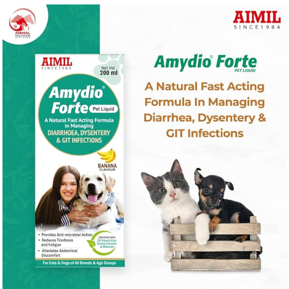 AIMIL Amydio Forte Pet Liquid | Herbal Medicine for Diarrhoea, Dysentery & GIT Infections for Dogs & Cats | 200ml