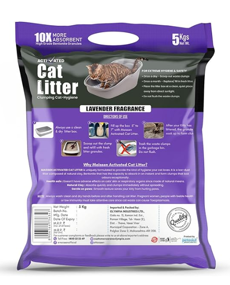 Maissen Activated Cat Litter, Lavender - 5 Kg Bentonite Clay Cat Essentials | Natural, Low Dust | Quick-Clumping, Scoopable | Odour Locking with Lavender | Hygiene for Cats | Pack of 4