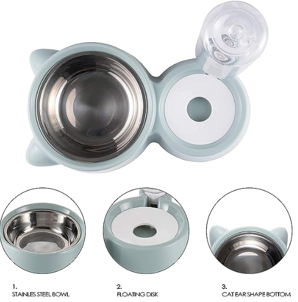 CREDLY 2 in 1 Bowl Water and Food Cat Feeder with Detachable Stainless Steel Bowl and Automatic Water Dispenser Bottle for Small Pets (Set of 1)