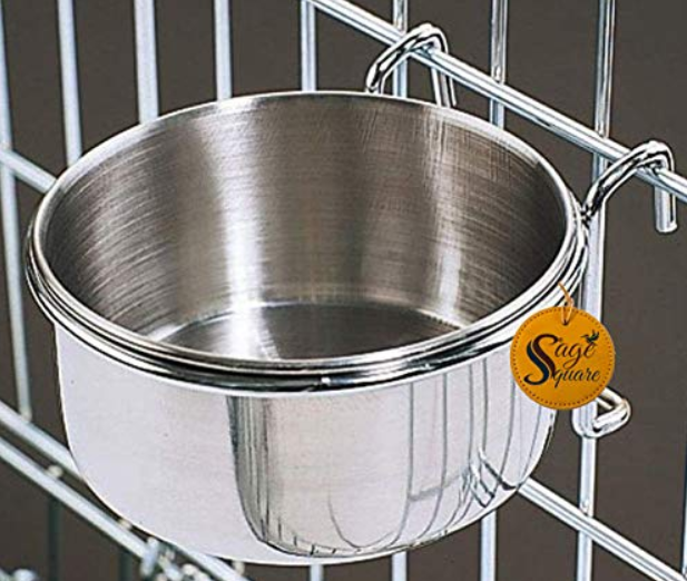Sage Square Rustproof Stainless Steel Cage Food, Seed, Water Feeder Cum Bowl with Holder clamp for Birds (225ml) (Set of 3)