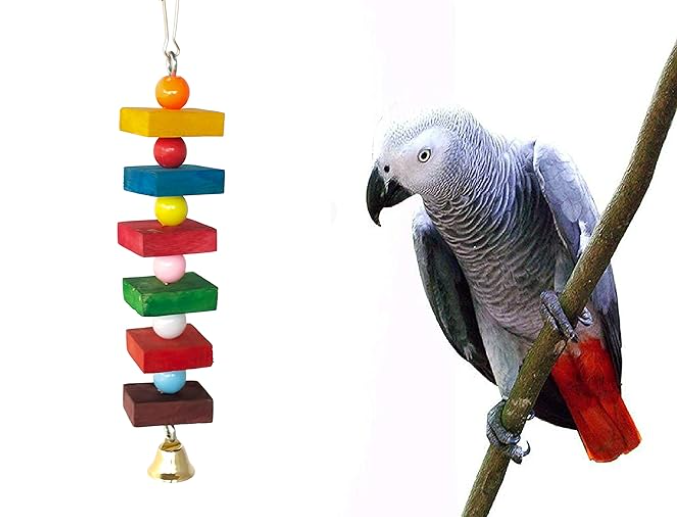 KSK 3PCS Natural Wood Parrot Cubes Blocks Chewing Toys Parrot Knots Block Chew Toy Bells Bird Wood Hanging Toys Medium Large Birds Conures Cockatiels African Grey Cage Accessories (KSKWC056, 3Nos)