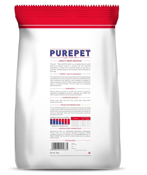 Purepet Dry Dog Adult Food Meat and Rice Flavour , 10kg Pack