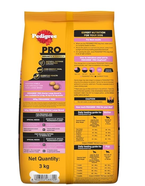 Pedigree Pro Mother & Pup Starter Large Breed, Dry Dog Food, Expert Nutrition for Pregnant/Lactating Mothers & Pups (3-12 Weeks), 3 Kg, Chicken,Pack of 1