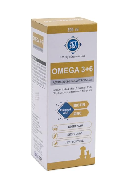 PET360 Omega 3+6 Concentrated Salmon Fish Oil with Vitamins, Minerals & Taurine, Advanced Skin & Coat Formula for Dogs & Cats (200 ml, Pack of 1)