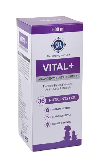 PET360 Vital+, Premium Blend of Multivitamins, Amino Acids & Minerals, Advanced Wellness Formula with Antioxidants & Immunity Booster for Dogs & Cats (500 ml)