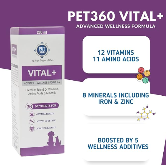 PET360 Vital+, Premium Blend of Multivitamins, Amino Acids & Minerals, Advanced Wellness Formula with Antioxidants & Immunity Booster for Dogs & Cats (500 ml)