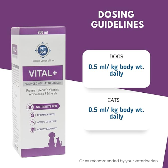 PET360 Vital+, Premium Blend of Multivitamins, Amino Acids & Minerals, Advanced Wellness Formula with Antioxidants & Immunity Booster for Dogs & Cats (500 ml)