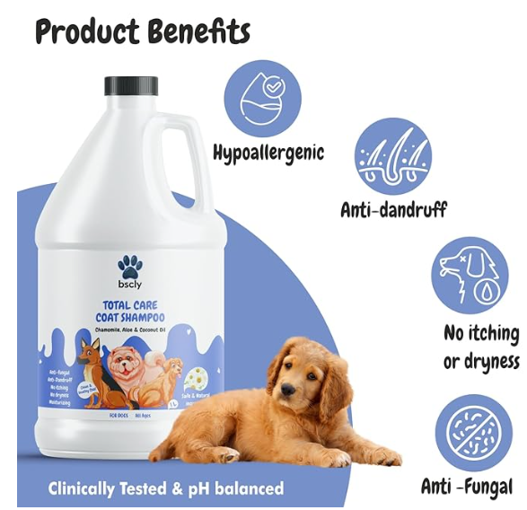 Bscly Total Care Dog Shampoo 1000Ml - Ticks & Fleas Prevention - Enriched with Chamomile, Aloe and Coconut Oil - Moisturizes & Heals Skin - Suitable for Pomeranians to Golden Retrievers