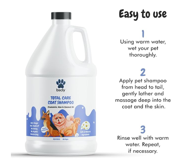 Bscly Total Care Dog Shampoo 1000Ml - Ticks & Fleas Prevention - Enriched with Chamomile, Aloe and Coconut Oil - Moisturizes & Heals Skin - Suitable for Pomeranians to Golden Retrievers