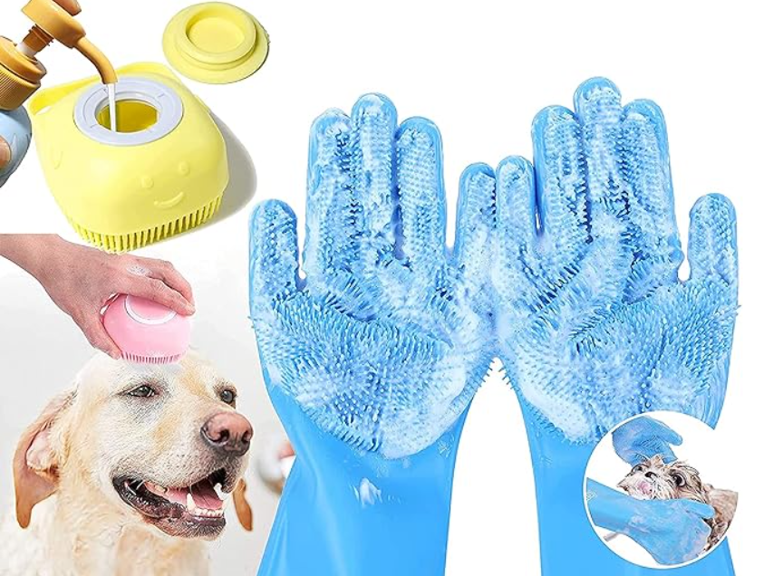 Pack of 2 Dog cats Pet Grrooming Silicon shampoo Dispenser Brush with 1 Pair Bathing Gloves Soft Bristle For Soothing scrubber Massage Shower bathing Accessories Use clean Loose Hair Fur For Dogs Pets