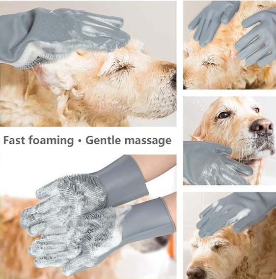 Pack of 2 Dog cats Pet Grrooming Silicon shampoo Dispenser Brush with 1 Pair Bathing Gloves Soft Bristle For Soothing scrubber Massage Shower bathing Accessories Use clean Loose Hair Fur For Dogs Pets