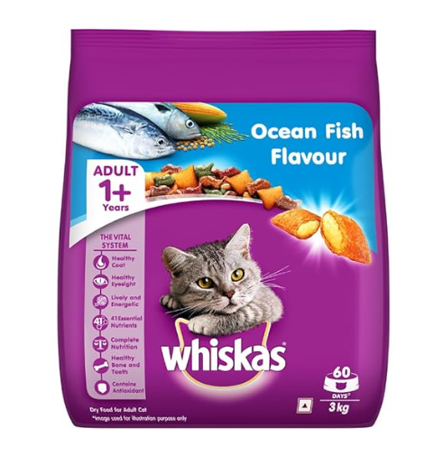 Whiskas Adult (+1 year) Dry Cat Food, Ocean Fish Flavour, 3kg Pack