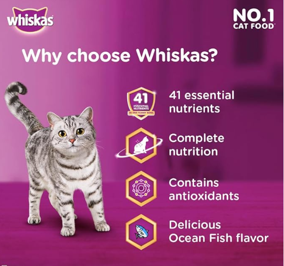 Whiskas Adult (+1 year) Dry Cat Food, Ocean Fish Flavour, 3kg Pack