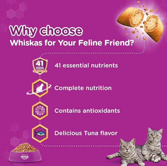 Whiskas Adult (+1 year) Dry Cat Food, Tuna Flavour, 3kg Pack