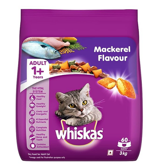 Whiskas Adult (+1 year) Dry Cat Food, Mackerel Flavour, 3kg Pack