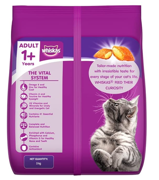 Whiskas Adult (+1 year) Dry Cat Food, Mackerel Flavour, 3kg Pack