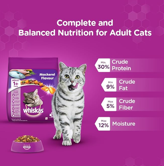 Whiskas Adult (+1 year) Dry Cat Food, Mackerel Flavour, 3kg Pack