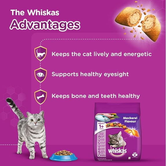 Whiskas Adult (+1 year) Dry Cat Food, Mackerel Flavour, 3kg Pack