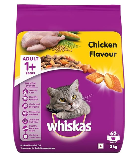 Whiskas Dry Cat Food for Adult Cats (1+ Years), Chicken Flavour, 3 kg,Pack of 1