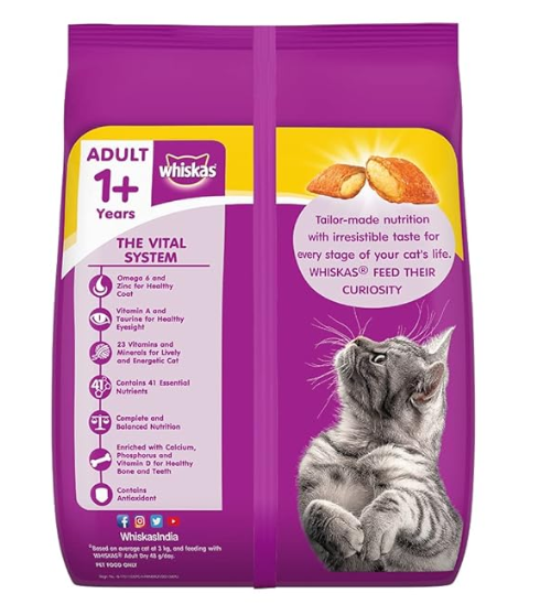 Whiskas Dry Cat Food for Adult Cats (1+ Years), Chicken Flavour, 3 kg,Pack of 1