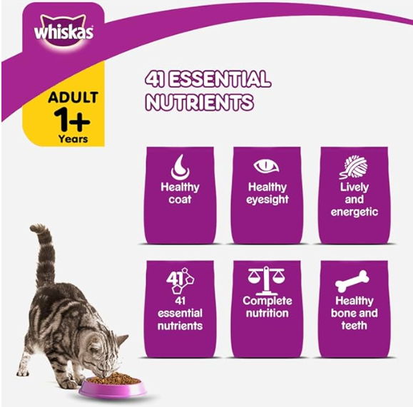 Whiskas Dry Cat Food for Adult Cats (1+ Years), Chicken Flavour, 3 kg,Pack of 1