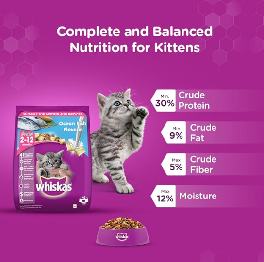 Whiskas Kitten (2-12 months) Dry Cat Food, Ocean Fish, 1.1kg Pack