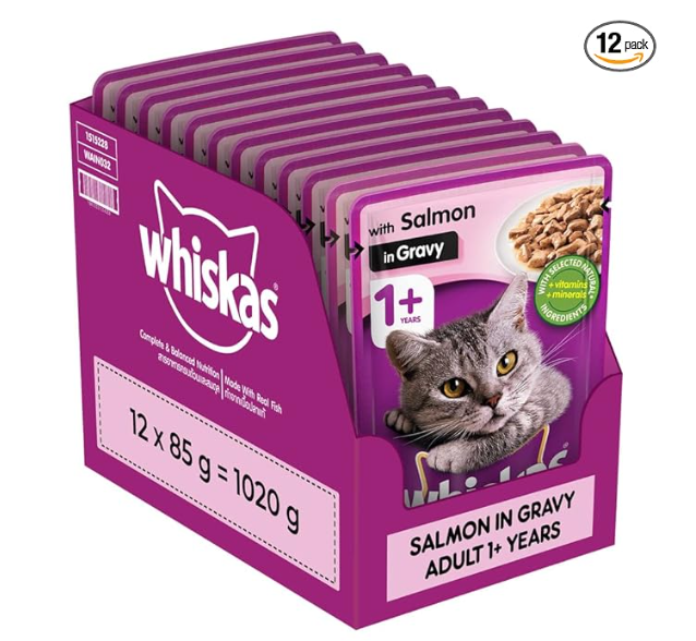 Whiskas Wet Food For Adult Cats (1+Years), Salmon In Gravy Flavour, 12 Pouches (12 X 85G), 1 Count