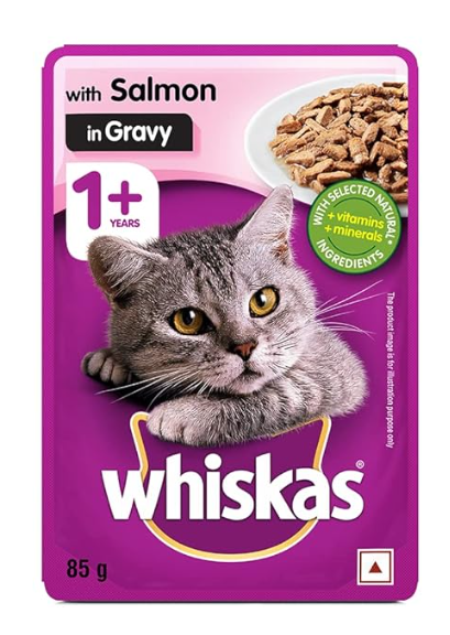 Whiskas Wet Food For Adult Cats (1+Years), Salmon In Gravy Flavour, 12 Pouches (12 X 85G), 1 Count