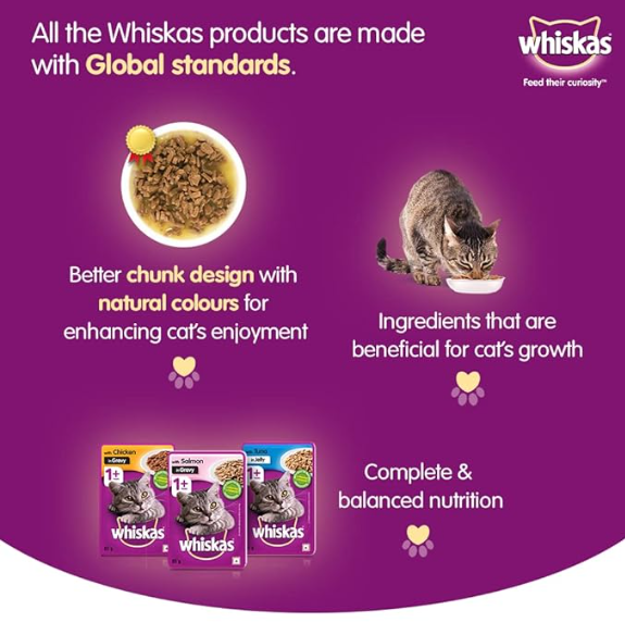 Whiskas Wet Food For Adult Cats (1+Years), Salmon In Gravy Flavour, 12 Pouches (12 X 85G), 1 Count