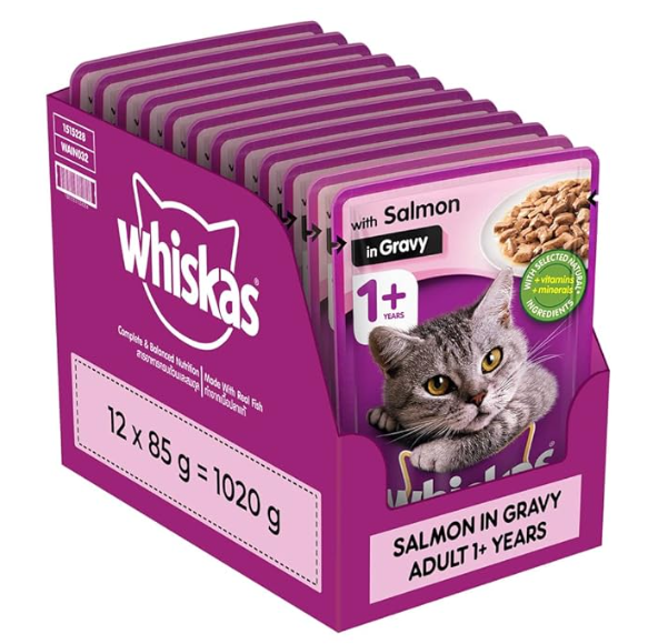 Whiskas Wet Food For Adult Cats (1+Years), Salmon In Gravy Flavour, 12 Pouches (12 X 85G), 1 Count