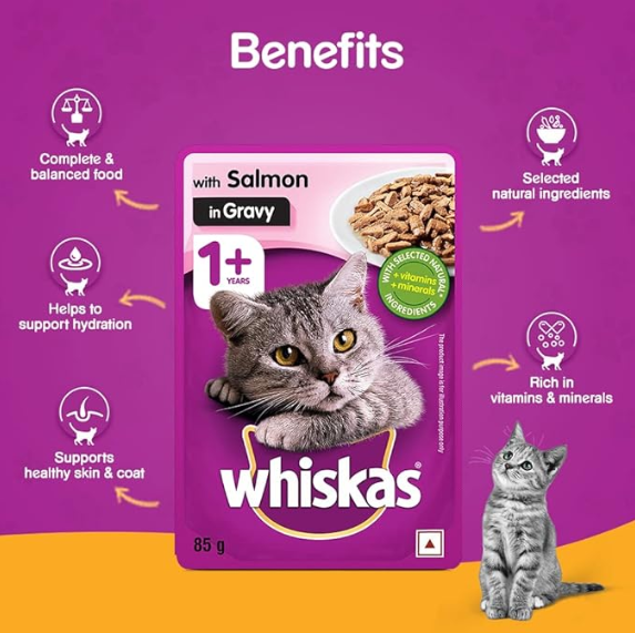 Whiskas Wet Food For Adult Cats (1+Years), Salmon In Gravy Flavour, 12 Pouches (12 X 85G), 1 Count