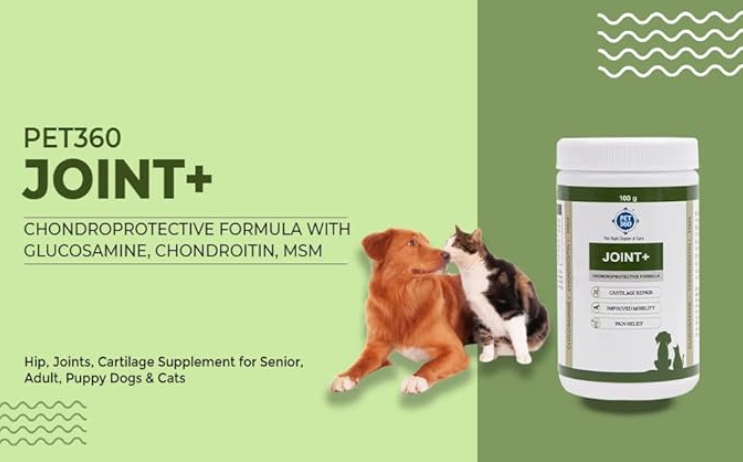 PET360 Joint+ Chondroprotective Formula with Glucosamine, Chondroitin, MSM | Hip, Joints, Cartilage Supplement for Adult Dogs, Puppy, Senior Dogs & Cats, 100 gm