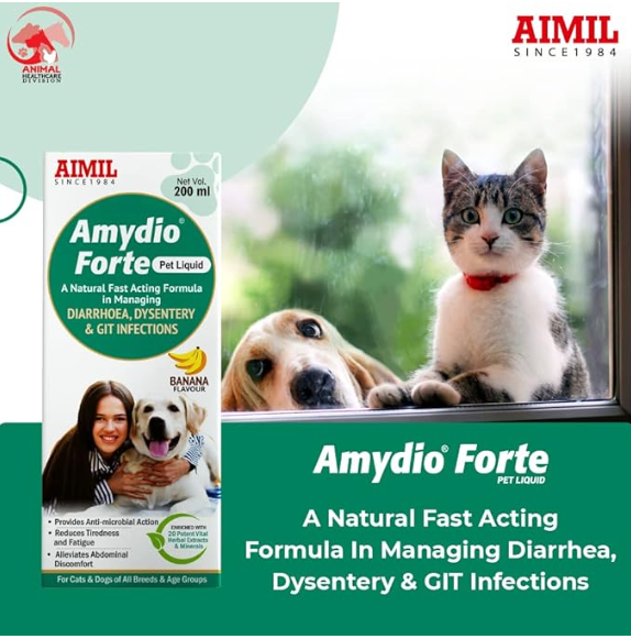 AIMIL Amydio Forte Pet Liquid | Herbal Medicine for Diarrhoea, Dysentery & GIT Infections for Dogs & Cats | 200ml