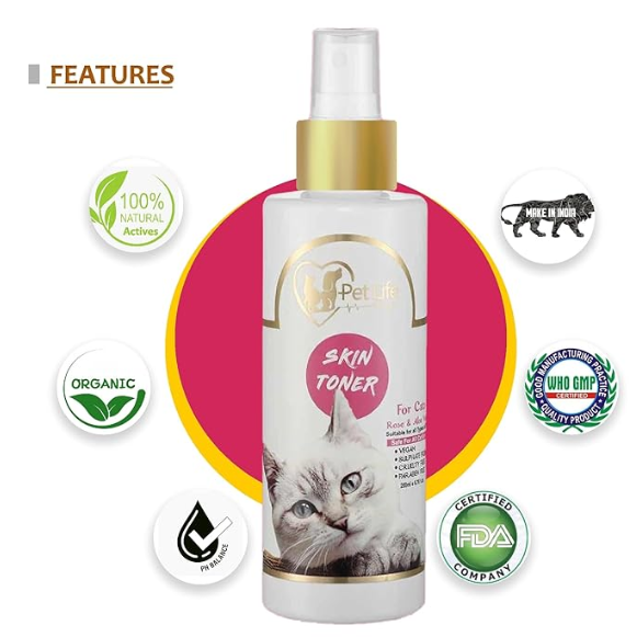 Pure Organic Skin Toner Spray for Cat Skin Allergy, Redness, Itchiness, Fungal Infection, Restores Skin Health & Moisture - Safe & Effective Cat Friendly Formula for All Cat Breeds - 200 Ml