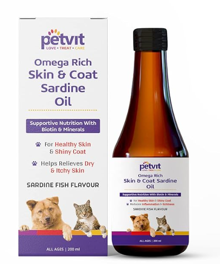 Petvit Omega Rich Skin & Coat Sardine Oil - Natural Skin Care Supplement | Dogs & Cats (All ages)- 200ml