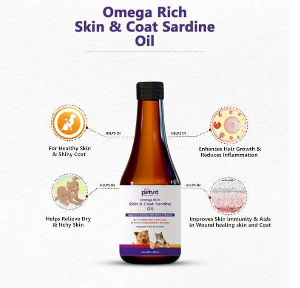 Petvit Omega Rich Skin & Coat Sardine Oil - Natural Skin Care Supplement | Dogs & Cats (All ages)- 200ml