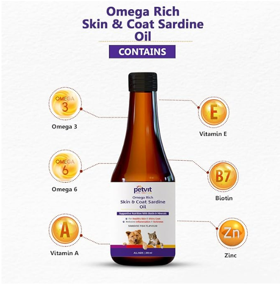 Petvit Omega Rich Skin & Coat Sardine Oil - Natural Skin Care Supplement | Dogs & Cats (All ages)- 200ml