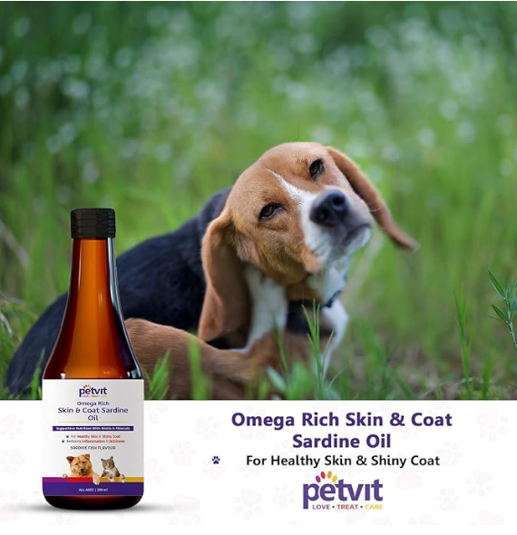 Petvit Omega Rich Skin & Coat Sardine Oil - Natural Skin Care Supplement | Dogs & Cats (All ages)- 200ml
