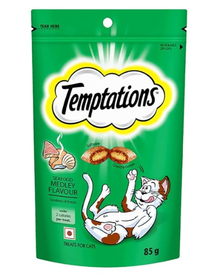 Temptations Cat Treat, Seafood Medley Flavour - 85 G, Chunk, Adult,Pack of 1