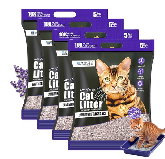 Maissen Activated Cat Litter, Lavender - 5 Kg Bentonite Clay Cat Essentials | Natural, Low Dust | Quick-Clumping, Scoopable | Odour Locking with Lavender | Hygiene for Cats | Pack of 4