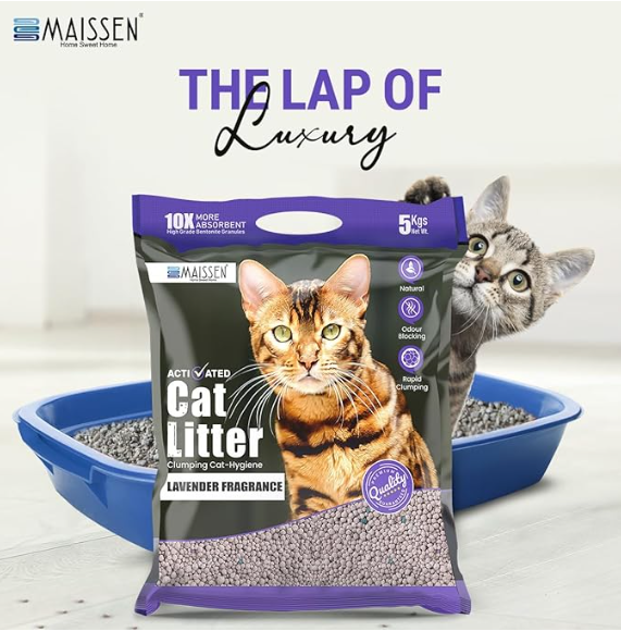 Maissen Activated Cat Litter, Lavender - 5 Kg Bentonite Clay Cat Essentials | Natural, Low Dust | Quick-Clumping, Scoopable | Odour Locking with Lavender | Hygiene for Cats | Pack of 4