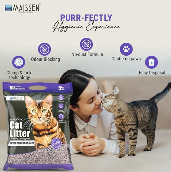 Maissen Activated Cat Litter, Lavender - 5 Kg Bentonite Clay Cat Essentials | Natural, Low Dust | Quick-Clumping, Scoopable | Odour Locking with Lavender | Hygiene for Cats | Pack of 4
