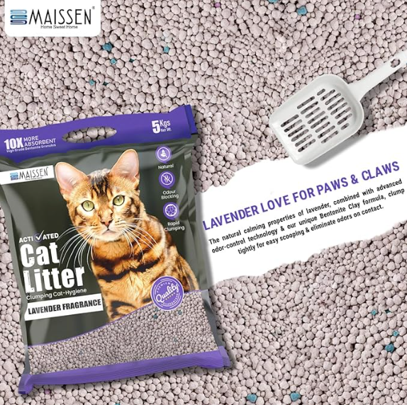 Maissen Activated Cat Litter, Lavender - 5 Kg Bentonite Clay Cat Essentials | Natural, Low Dust | Quick-Clumping, Scoopable | Odour Locking with Lavender | Hygiene for Cats | Pack of 4