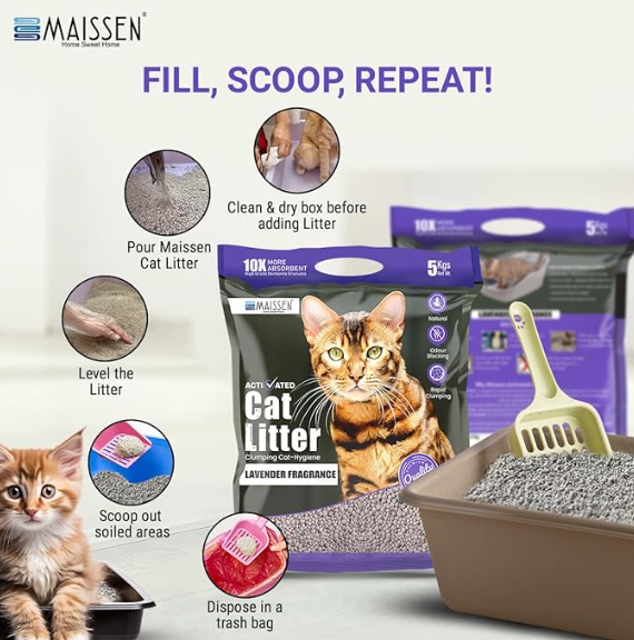 Maissen Activated Cat Litter, Lavender - 5 Kg Bentonite Clay Cat Essentials | Natural, Low Dust | Quick-Clumping, Scoopable | Odour Locking with Lavender | Hygiene for Cats | Pack of 4