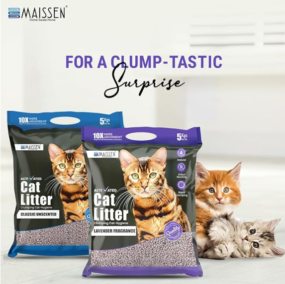 Maissen Activated Cat Litter, Lavender - 5 Kg Bentonite Clay Cat Essentials | Natural, Low Dust | Quick-Clumping, Scoopable | Odour Locking with Lavender | Hygiene for Cats | Pack of 4