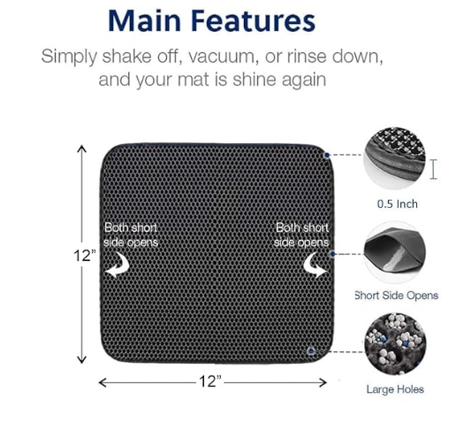 Simonpac Cat Litter Mat 12 in x 12 in Litter Mat Double Layer Open Edge Design, Waterproof Urine Proof Trapping, EVA Material, Durable, Washable, Cat Litter Box, Cat Litter Tray (Black)