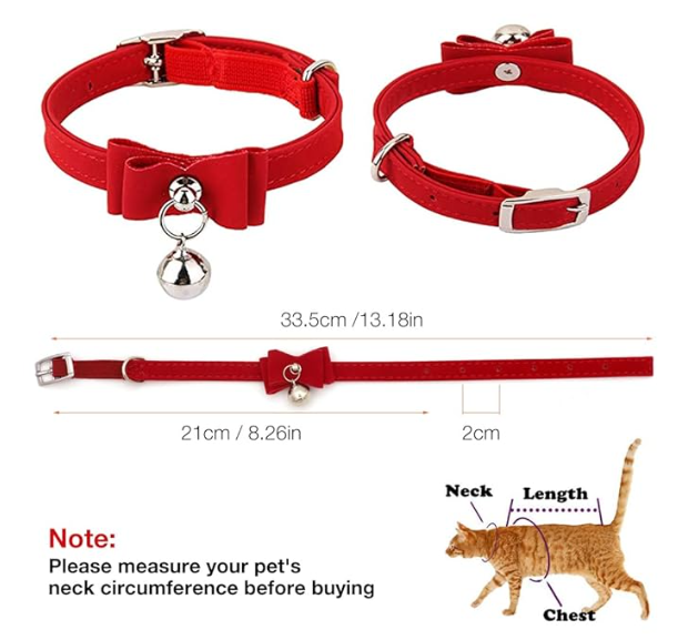 HASTHIP  Adjustable Cat Belt, Strong Breakaway Buckle, Cat Collar With Bell, Velvet Neck Strap for Kitten Cat, Safety&Comfort 33.5CM - Red (Pack of 1)