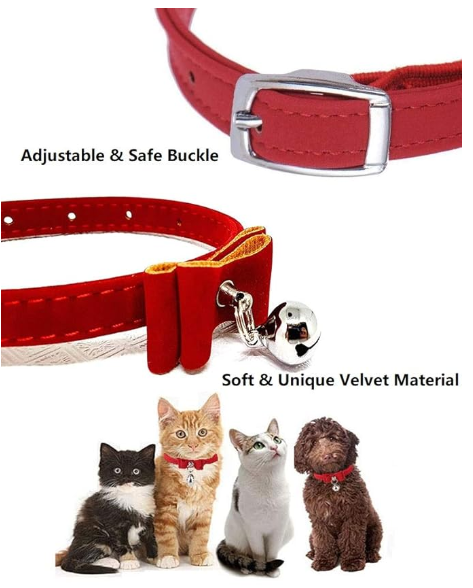 HASTHIP  Adjustable Cat Belt, Strong Breakaway Buckle, Cat Collar With Bell, Velvet Neck Strap for Kitten Cat, Safety&Comfort 33.5CM - Red (Pack of 1)