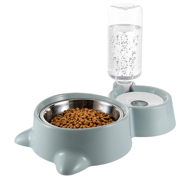 CREDLY 2 in 1 Bowl Water and Food Cat Feeder with Detachable Stainless Steel Bowl and Automatic Water Dispenser Bottle for Small Pets (Set of 1)
